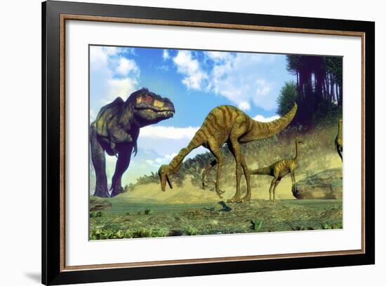 Tyrannosaurus Rex Surprising a Herd of Gallimimus Dinosaurs-Stocktrek Images-Framed Art Print