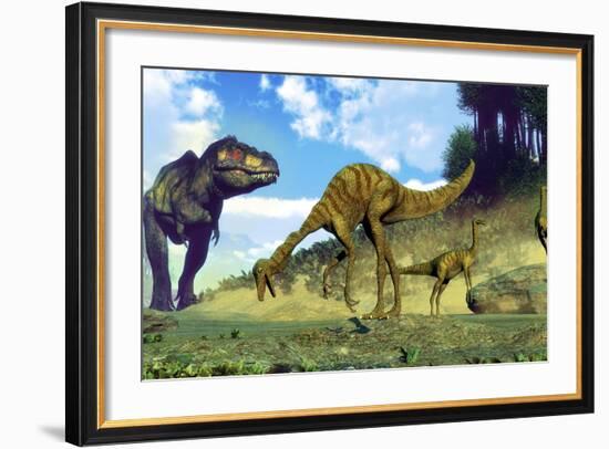 Tyrannosaurus Rex Surprising a Herd of Gallimimus Dinosaurs-Stocktrek Images-Framed Art Print