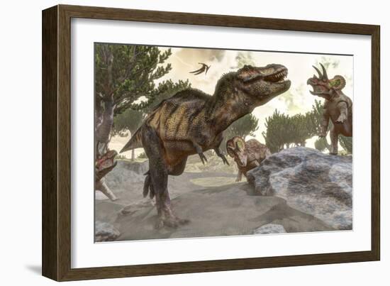 Tyrannosaurus Rex Tries to Escape from a Group of Triceratops-Stocktrek Images-Framed Art Print