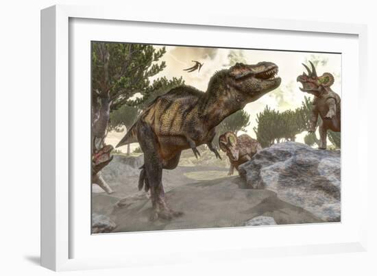 Tyrannosaurus Rex Tries to Escape from a Group of Triceratops-Stocktrek Images-Framed Art Print