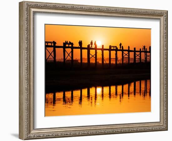 U Bein Bridge (Longest Teak Bridge in the World) at Sunset , Amarapura, Mandalay, Burma (Myanmar)-Nadia Isakova-Framed Photographic Print