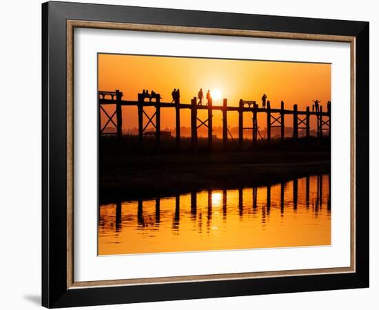 U Bein Bridge (Longest Teak Bridge in the World) at Sunset , Amarapura, Mandalay, Burma (Myanmar)-Nadia Isakova-Framed Photographic Print