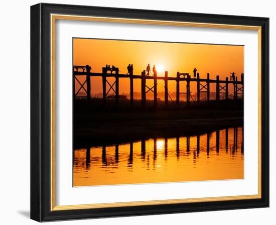 U Bein Bridge (Longest Teak Bridge in the World) at Sunset , Amarapura, Mandalay, Burma (Myanmar)-Nadia Isakova-Framed Photographic Print