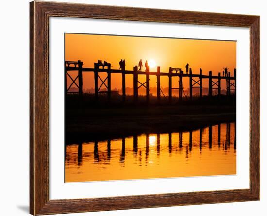 U Bein Bridge (Longest Teak Bridge in the World) at Sunset , Amarapura, Mandalay, Burma (Myanmar)-Nadia Isakova-Framed Photographic Print