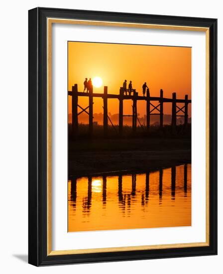 U Bein Bridge (Longest Teak Bridge in the World) at Sunset , Amarapura, Mandalay, Burma (Myanmar)-Nadia Isakova-Framed Photographic Print