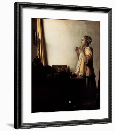 Woman with a Pearl Necklace-Johannes Vermeer-Framed Art Print