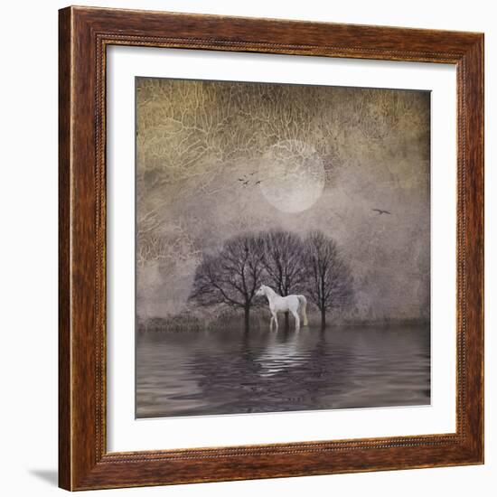 White Horse in Pond-Dawne Polis-Framed Art Print