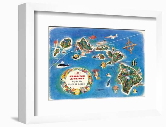 Pictorial Map of the State of Hawaii - Hawaiian Airlines Route Map-Pacifica Island Art-Framed Art Print