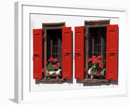 Red Shuttered Windows and Geraniums, Tasch, Near Zermatt, Valais, Switzerland-Ruth Tomlinson-Framed Photographic Print