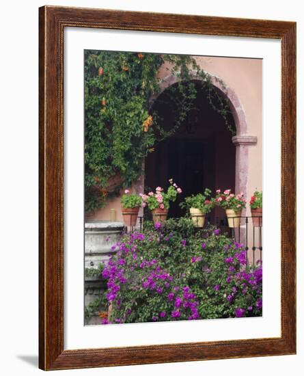 Bougainvillea and Geranium Pots on Wall in Courtyard, San Miguel De Allende, Mexico-Nancy Rotenberg-Framed Photographic Print