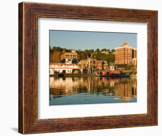 Riverboats, Mississippi River, and Historic Julien Hotel, Dubuque, Iowa-Walter Bibikow-Framed Photographic Print