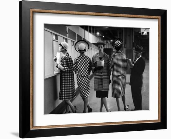 5 Models Wearing Fashionable Dress Suits at a Race Track Betting Window, at Roosevelt Raceway-Nina Leen-Framed Photographic Print