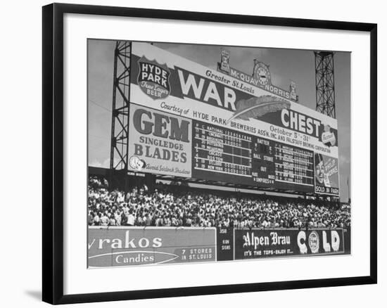 Large Scoreboard Towering over Fans Showing Baseball Scores from Around the League-Wallace Kirkland-Framed Photographic Print