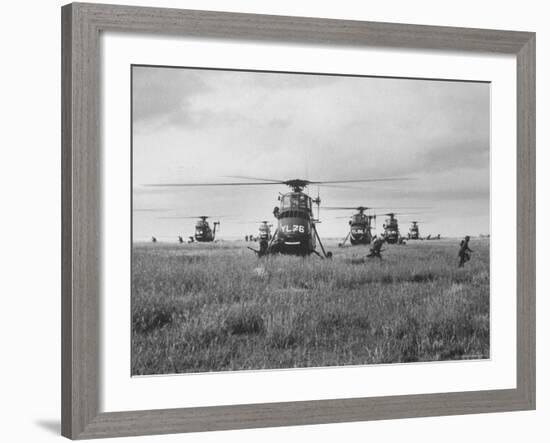 Marine Helicopters Landing with Troops Dashing Out During Training Exercise-John Dominis-Framed Photographic Print