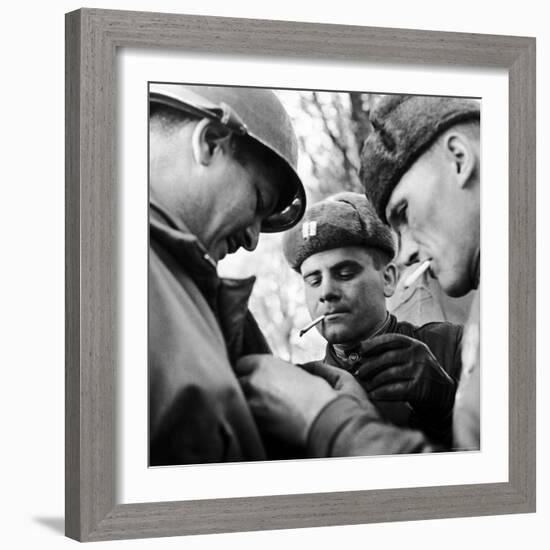 Pair of Russian Soldiers Exchanging Insignia with an American Army Captain-John Florea-Framed Photographic Print