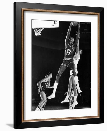 University of Kansas Basketball Star Wilt Chamberlain Playing in a Game-George Silk-Framed Premium Photographic Print