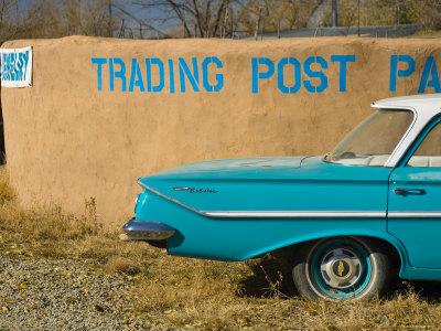 'USA, New Mexico, Turquoise Trail, Trading Post and 1961 Chevrolet Bel