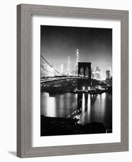 Night View of Nyc and the Brooklyn Bridge-Andreas Feininger-Framed Photographic Print