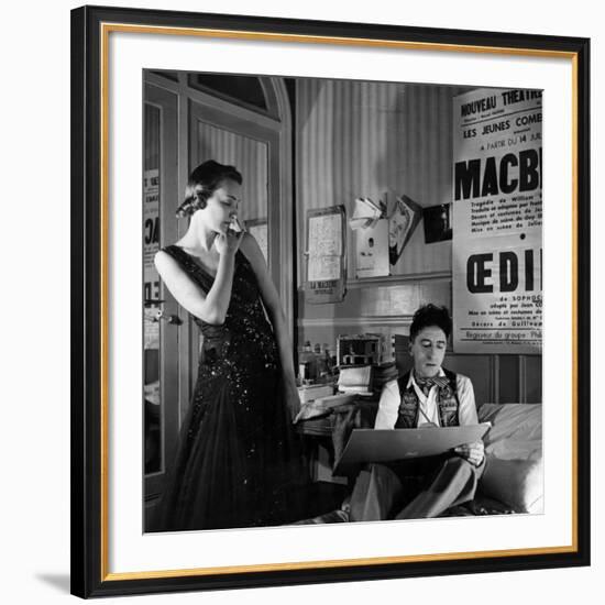 Jean Cocteau Sketching Model Elizabeth Gibbons in a Chanel Dress in His Hotel Bedroom-Roger Schall-Framed Premium Photographic Print