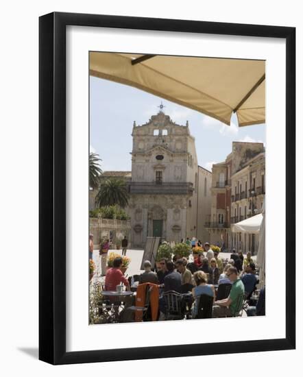 Facade of Santa Lucia Alla Badia and Cafe in the Piazza Duomo, Ortygia, Syracuse, Sicily, Italy-Martin Child-Framed Photographic Print