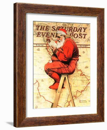 "Santa at the Map" Saturday Evening Post Cover, December 16,1939-Norman Rockwell-Framed Giclee Print