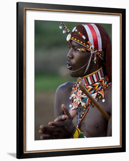 Kenya, Laikipia, Ol Malo; a Samburu Warrior Sings and Claps During a Dance-John Warburton-lee-Framed Photographic Print