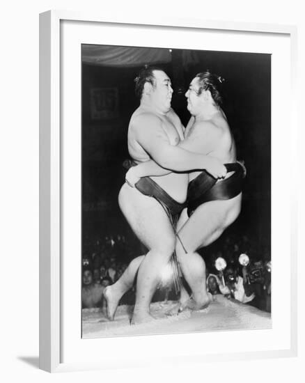 Japanese Sumo Wrestlers, Kiyoji Kagamisato and Junnosuke Yoshibayama, 1952-null-Framed Photo