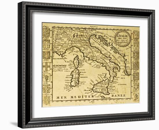 Map Of Italy Framed By Territorial Crests. May Be Dated To The Beginning Of Xviii Sec-marzolino-Framed Art Print