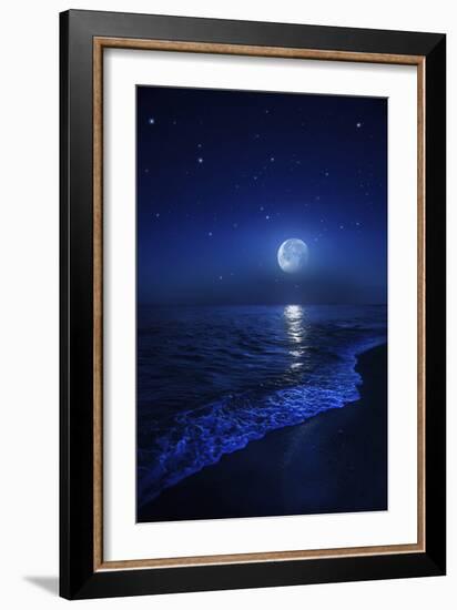 Tranquil Ocean at Night Against Starry Sky and Moon-null-Framed Photographic Print