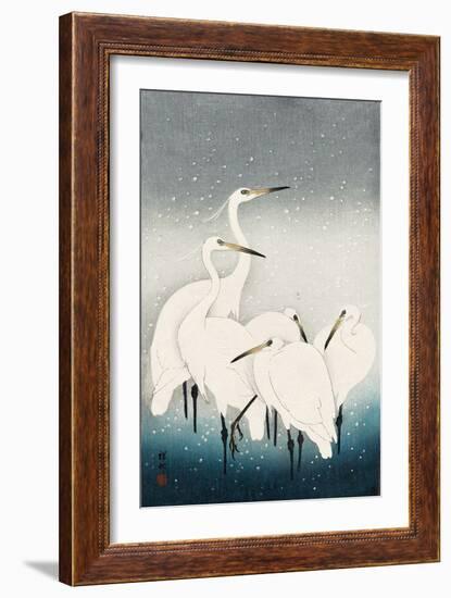 Five White Herons Standing in Water; Snow Falling-Koson Ohara-Framed Giclee Print