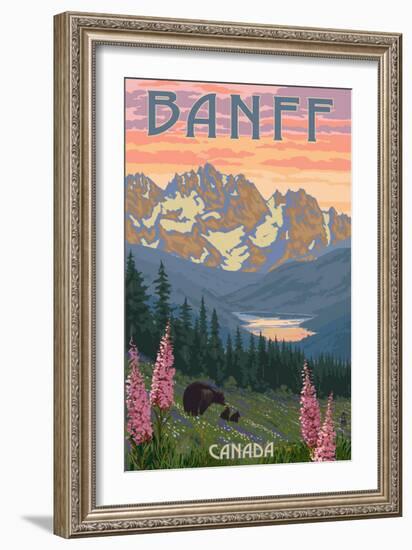 Banff, Canada - Bear and Spring Flowers-Lantern Press-Framed Premium Giclee Print