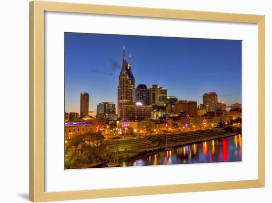 Skyline at Dusk over the Cumberland River in Nashville Tennessee-Chuck Haney-Framed Photographic Print