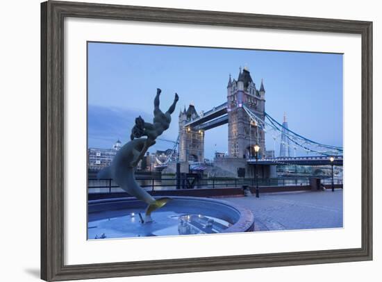 View of Fountain with Tower Bridge in the Background, Thames River, London, England-null-Framed Photographic Print