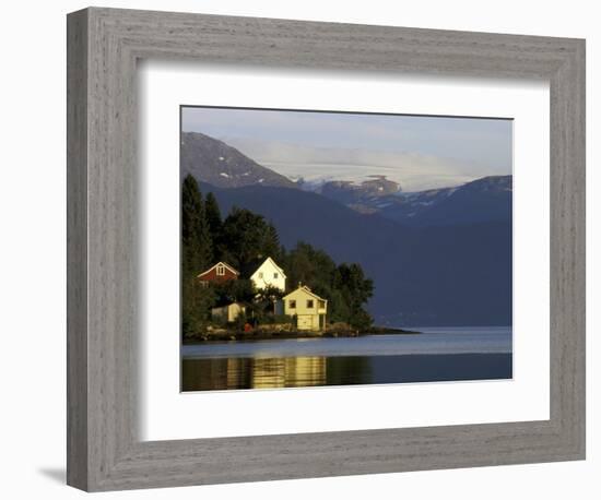 Mountain and Houses Reflecting in Fjord Waters, Norway-Michele Molinari-Framed Photographic Print