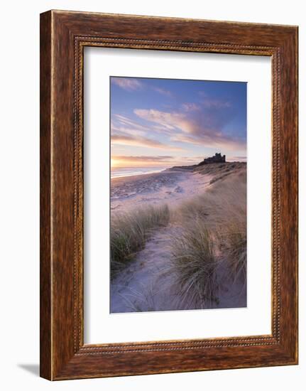 Sunrise over Bamburgh Beach and Castle from the Sand Dunes, Northumberland, England. Spring (March)-Adam Burton-Framed Photographic Print