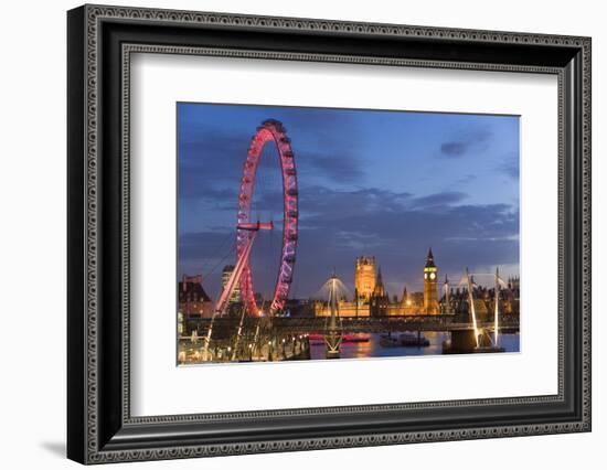 Parliament, London Eye and Jubilee Bridge on River Thames, London, UK-Peter Adams-Framed Photographic Print