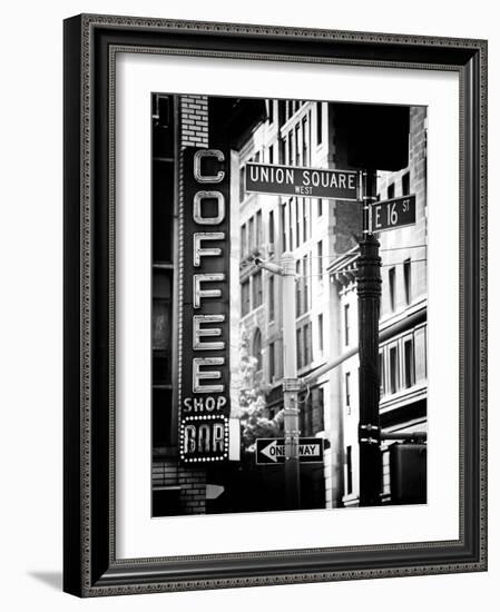 Coffee Shop Bar Sign, Union Square, Manhattan, New York, US, Old Black and White Photography-Philippe Hugonnard-Framed Photographic Print