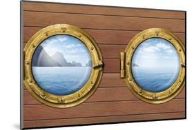 Two Ship Windows or Portholes with Sea or Ocean with Tropical Island. Travel and Adventure Concept.-Andrey_Kuzmin-Mounted Photographic Print