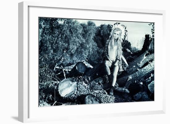 Attractive Modern Girl in Style of the American Indians. Western Style. Jeans Fashion. Tattoo.-prometeus-Framed Photographic Print