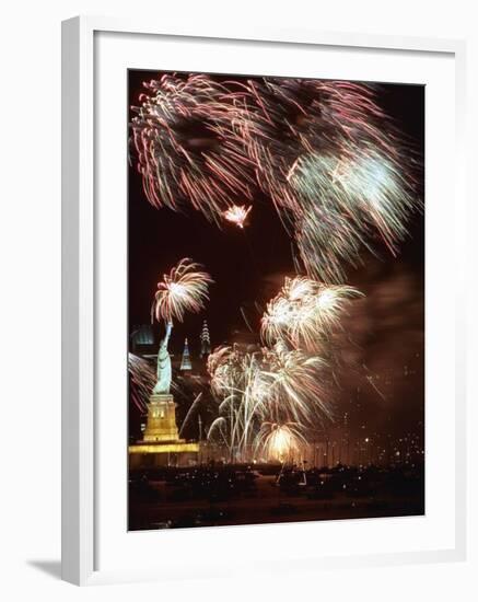 Fireworks Burst Around the Statue of Liberty-null-Framed Photographic Print