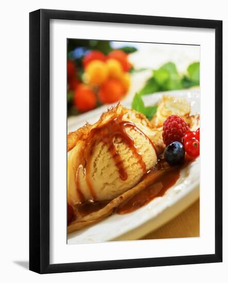 Crêpes with Ice Cream, Berries and Caramel Sauce-null-Framed Photographic Print