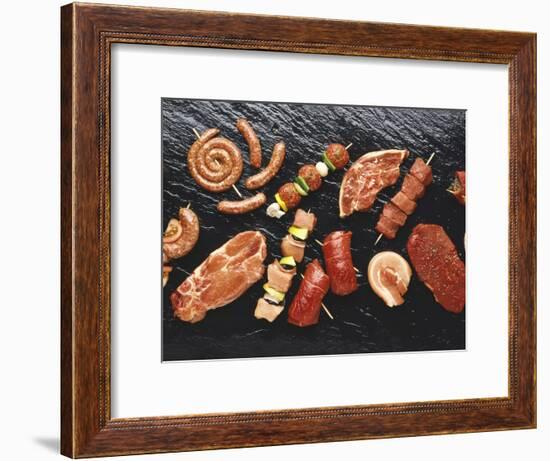 Assorted Meats and Sausages on Hot Stone Grill-Stefan Oberschelp-Framed Photographic Print