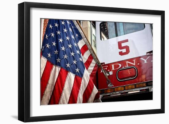 FDNY Truck with American Flag-null-Framed Photo