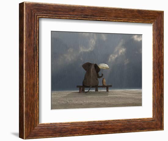 Elephant And Dog Sit Under The Rain-Mike_Kiev-Framed Photographic Print