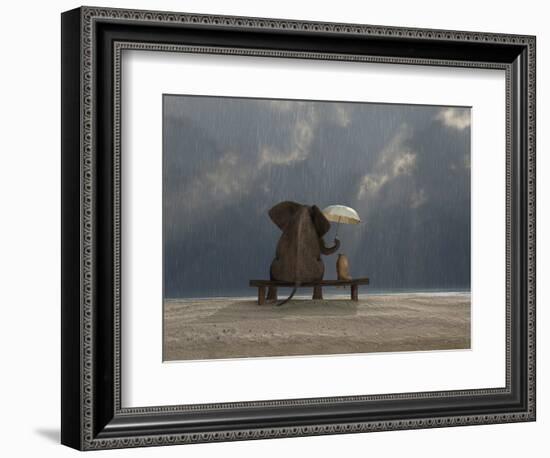 Elephant And Dog Sit Under The Rain-Mike_Kiev-Framed Photographic Print