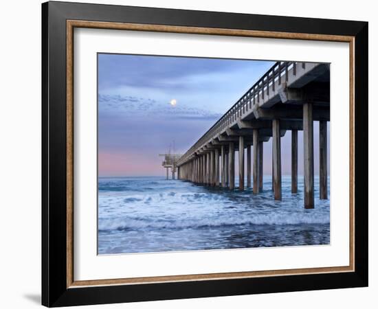 USA, California, La Jolla. Full Moon Setting at Dawn over Scripps Pier, La Jolla Shores-Ann Collins-Framed Photographic Print
