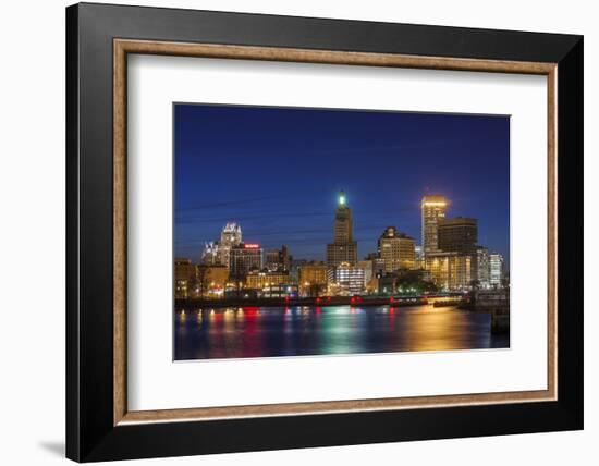 USA, Rhode Island, Providence, city skyline from the Providence River at dusk-Walter Bibikow-Framed Photographic Print