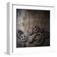 Metal Background With Rusty Gears And Cogs-Andrey_Kuzmin-Framed Art Print