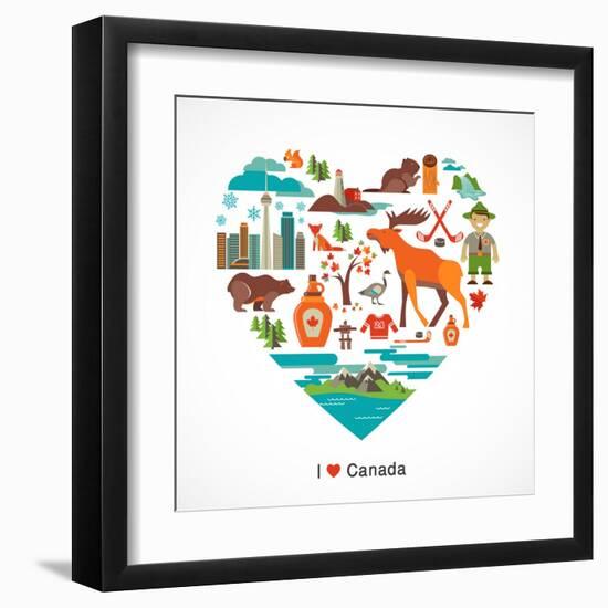 Canada Love - Heart With Many Icons And Illustrations-Marish-Framed Art Print