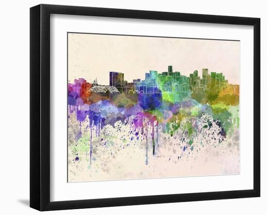 Denver Skyline in Watercolor Background-paulrommer-Framed Art Print